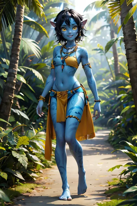 AvKiri, colored skin, blue skin, yellow eyes, short black hair, tribal clothes, bandeau, loin cloth, bare foot, necklace, beads, looking at viewer,smiling, full body shot, standing, outside, forest, trees, natural lighting, high quality, masterpiece, <lora:AvKiri:.7>