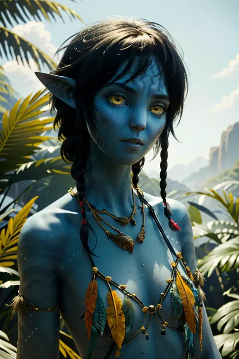((ultra detailed, masterpiece, absurdres))
avkiri, (blue skin), (colored skin), (yellow eyes), 1girl, solo, long hair, black hair, bare shoulders, jewelry, green eyes, upper body, small breast, braid, necklace, lips, feathers, monster girl, realistic, tribal