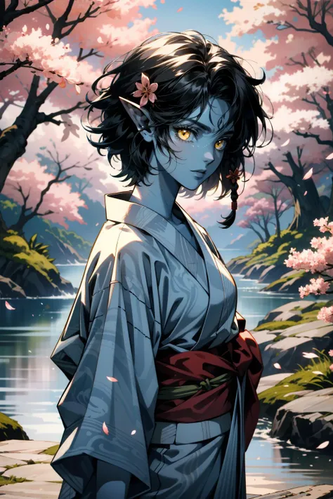 ((ultra detailed, masterpiece, absurdres))
 <lora:AvKiri:0.8>
AvKiri, 1girl, blue skin, yellow eyes, black hair, short hair, walking in a serene Japanese park with cherry blossoms, yukata, and a hair ornament