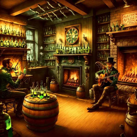 (men and women:1.4) drinking absinthe in busy tavern, heavy wooden barrels of absinthe, solid iron tables coal fireplace,detailed mirrors, dart board, dog sleeping by fireplace, barkeep washing glasses, serving staff, raucous behaviour,fiddle player, live music, industrial revolution,WoodIronAI,AbsinthePunkAI,<lora:WoodIronAIv2:0.5> <lora:AbsinthePunkAI:0.6>