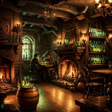(men and women:1.4) drinking absinthe in busy tavern, heavy wooden barrels of absinthe, solid iron tables coal fireplace,detailed mirrors, dart board, dog sleeping by fireplace, barkeep washing glasses, serving staff, raucous behaviour,fiddle player, live music, industrial revolution,WoodIronAI,AbsinthePunkAI,<lora:WoodIronAIv2:0.5> <lora:AbsinthePunkAI:0.6>