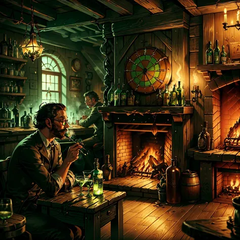 (men and women:1.4) drinking absinthe in busy tavern, heavy wooden barrels of absinthe, solid iron tables coal fireplace,detailed mirrors, dart board, dog sleeping by fireplace, barkeep washing glasses, serving staff, raucous behaviour,fiddle player, live music, industrial revolution,WoodIronAI,AbsinthePunkAI,<lora:WoodIronAIv2:0.5> <lora:AbsinthePunkAI:0.6>