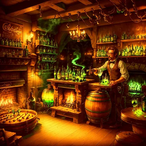 (men and women:1.4) drinking absinthe in busy tavern, heavy wooden barrels of absinthe, solid iron tables coal fireplace,detailed mirrors, dart board, dog sleeping by fireplace, barkeep washing glasses, serving staff, raucous behaviour,fiddle player, live music, industrial revolution,WoodIronAI,AbsinthePunkAI,<lora:WoodIronAIv2:0.5> <lora:AbsinthePunkAI:0.6>