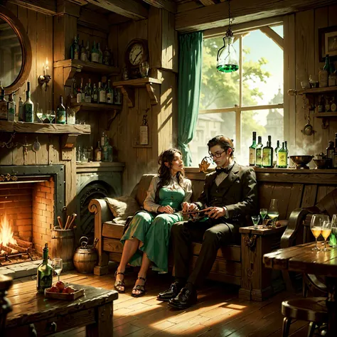 (men and women:1.4) drinking absinthe in busy tavern, heavy wooden barrels of absinthe, solid iron tables coal fireplace,detailed mirrors, dart board, dog sleeping by fireplace, barkeep washing glasses, serving staff, raucous behaviour,fiddle player, live music, industrial revolution,WoodIronAI,AbsinthePunkAI,<lora:WoodIronAIv2:0.5> <lora:AbsinthePunkAI:0.6>