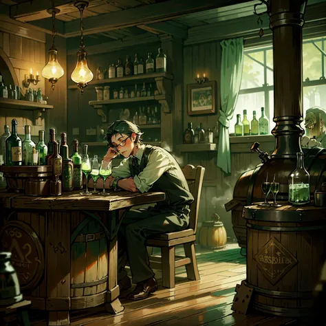 (men and women:1.4) drinking absinthe in busy tavern, heavy wooden barrels of absinthe, solid iron tables coal fireplace,detailed mirrors, dart board, dog sleeping by fireplace, barkeep washing glasses, serving staff, raucous behaviour,fiddle player, live music, industrial revolution,WoodIronAI,AbsinthePunkAI,<lora:WoodIronAIv2:0.5> <lora:AbsinthePunkAI:0.6>