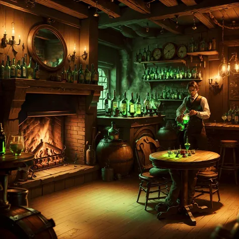 (men and women:1.4) drinking absinthe in busy tavern, heavy wooden barrels of absinthe, solid iron tables coal fireplace,detailed mirrors, dart board, dog sleeping by fireplace, barkeep washing glasses, serving staff, raucous behaviour,fiddle player, live music, industrial revolution,WoodIronAI,AbsinthePunkAI,<lora:WoodIronAIv2:0.5> <lora:AbsinthePunkAI:0.6>