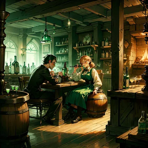 (men and women:1.4) drinking absinthe in busy tavern, heavy wooden barrels of absinthe, solid iron tables coal fireplace,detailed mirrors, dart board, dog sleeping by fireplace, barkeep washing glasses, serving staff, raucous behaviour,fiddle player, live music, industrial revolution,WoodIronAI,AbsinthePunkAI,<lora:WoodIronAIv2:0.5> <lora:AbsinthePunkAI:0.6>