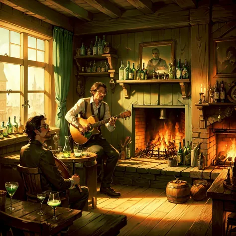 (men and women:1.4) drinking absinthe in busy tavern, heavy wooden barrels of absinthe, solid iron tables coal fireplace,detailed mirrors, dart board, dog sleeping by fireplace, barkeep washing glasses, serving staff, raucous behaviour,fiddle player, live music, industrial revolution,WoodIronAI,AbsinthePunkAI,<lora:WoodIronAIv2:0.5> <lora:AbsinthePunkAI:0.6>
