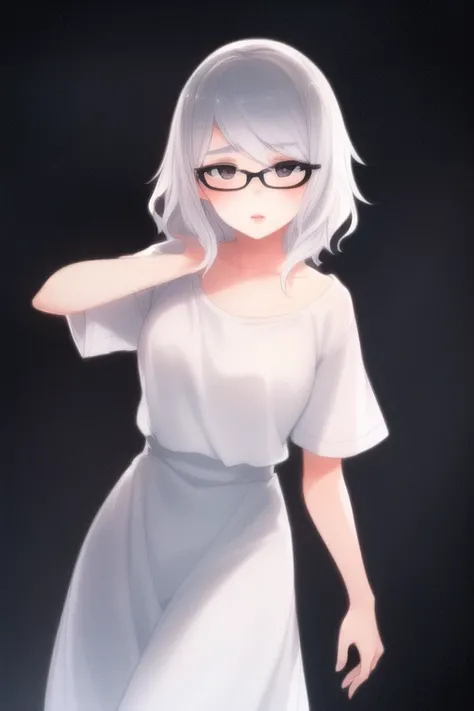 (best quality:1.0), young 1girl, stunningly attractive, perfect feminine face, (cute:1.2), silver short wavy hair, playful, (white t-shirt), detailed background, black eyes, highres, dynamic angle, (cinematic lighting:1.2), (by Range Murata:1.0), (by Taka Tony:1.0), by Jeremy Lipking, cowboy shot, glasses
<lora:otokoyou300_v10:0.9>