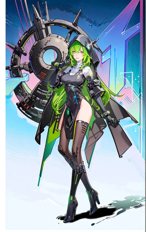 (1girl:1.2),(solo:1.5),masterpiece,best quality,detailed face,highly detailed, best quality, highres, extremely detailed wallpaper,third-party edit,full body,hood,(happy smile:1.2),black gloves,green hair,looking at viewer,(detailed cyberpunk cityscape background:1.3)
normal hands,normal fingers,perfect hands
<lyco:GoodHands-beta2:1.0> <lora:LyraLV2_V1:0.75>