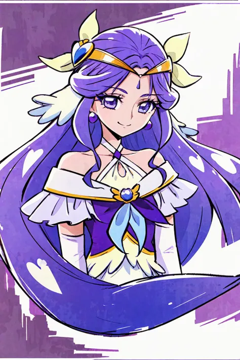 masterpiece,best quality,1girl,cure earth,(blue eyes|purple eyes),purple hair,very long hair,hair ornament,hair intakes,off shoulders,halterneck,brooch,earrings,elbow gloves,(long dress),smile,upper body,<lora:locon_cure_earth_01:0.9>,<lora:KamikitaV2:0.8>,