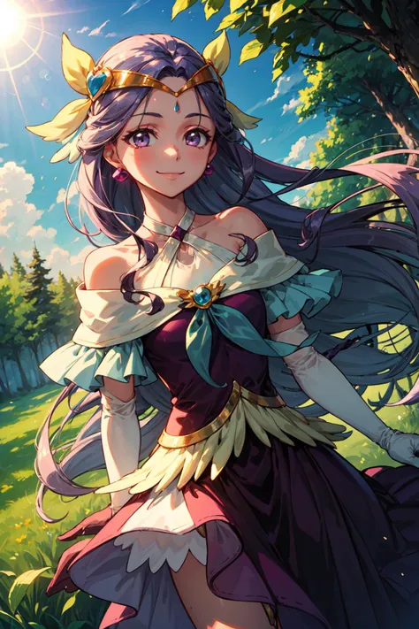 masterpiece,best quality,fairy,1girl,cure earth,purple hair,very long hair,hair ornament,hair intakes,off shoulders,halterneck,brooch,earrings,elbow gloves,long dress,smile,forest,sunlight,lens flare,wind,leaf,grass,dutch angle,<lora:locon_cure_earth_01:0.9>,