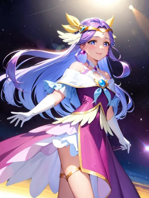 masterpiece, best quality, looking at viewer, depth of field, standing, 
1girl, <lora:locon_cure_earth_01:0.9>, cure earth, hair ornament, hair intakes, off shoulders, halterneck, brooch, earrings, elbow gloves, high heels, 
smile, (gradient background), lens flare, earth, planet,