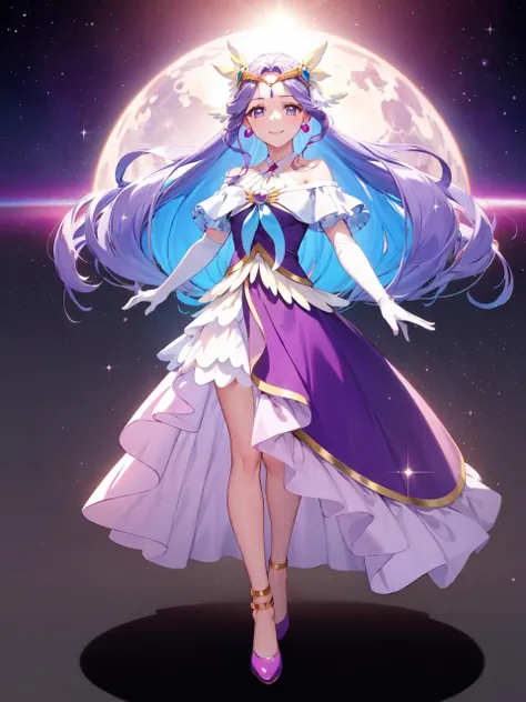 masterpiece, best quality, looking at viewer, depth of field, standing, full body,
1girl, <lora:locon_cure_earth_01:0.9>, cure earth, hair ornament, hair intakes, off shoulders, halterneck, brooch, earrings, elbow gloves, high heels,
smile, (gradient background), lens flare, earth, planet,