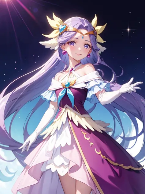 masterpiece, best quality, looking at viewer, depth of field, standing, 
1girl, <lora:locon_cure_earth_01:0.9>, cure earth, hair ornament, hair intakes, off shoulders, halterneck, brooch, earrings, elbow gloves, high heels, 
smile, (gradient background), lens flare,