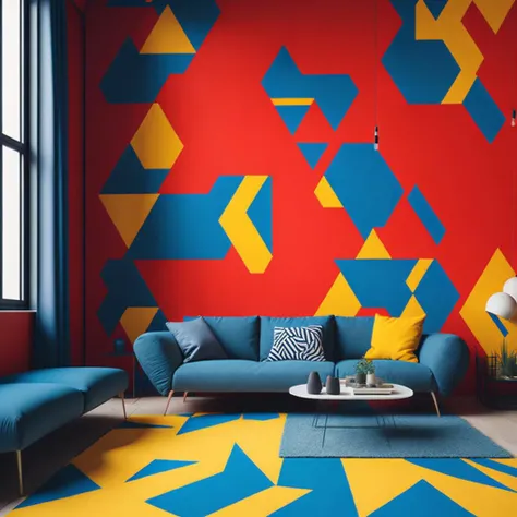 <lyco:geometric_style_interior_design_Sa_May:1.0> geometric style interior design of living room red yellow blue