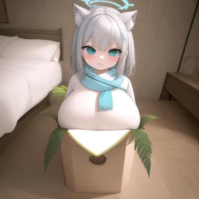 shirokodef, halo, animal ears, animal ear fluff, grey hair, hair ornament, blue eyes, mismatched pupils, cyan scarf,
((girl made of sticky rice cake:1.2),(sticky white skin:1.2)), (masterpiece:1.2), ultra detail, best quality, smile,
(kagamimochi:1.2), head on rice cake, open mouth, (((rice cakes stacked layer by layer:1.3), (orange ball on girl's head:1.2))), ((on square wooden base:1.2), a pair fern, paper between rice cake to wooden base),(tatami,japanese livingroom kotatsu),
<lora:kagamimochi-002_0.7:1.3> <lyco:shiroko1-000006:1.0>