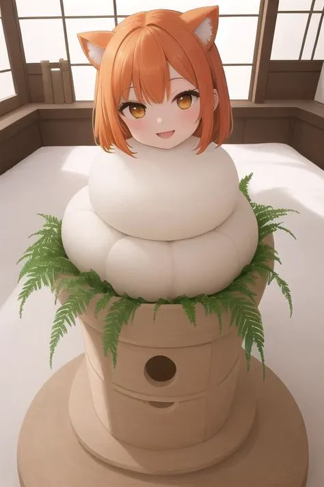 masterpiece,ultra detail,best quality,1girl,smile,open mouth,kagamimochi,<lora:kagamimochi-001_0.7:0.8> ,head on rice cake, on square wooden base, a pair fern, paper between rice cake to wooden base,(small orange on head),,japanese livingroom kotatsu,window,snow