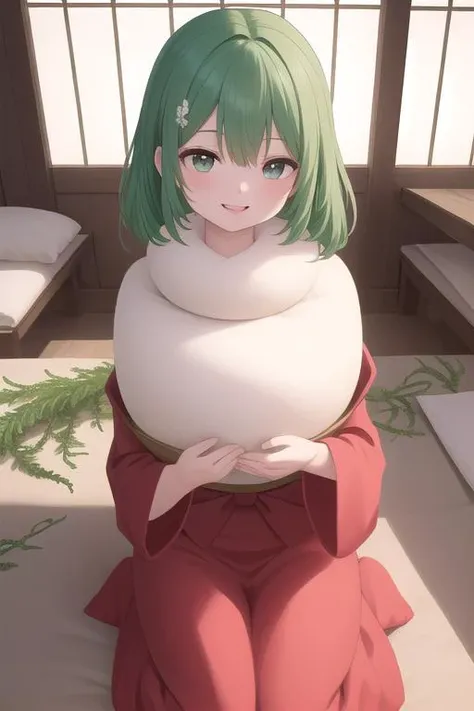 masterpiece,ultra detail,best quality,1girl,smile,open mouth,kagamimochi,<lora:kagamimochi-001_0.7:0.8> ,head on rice cake, on square wooden base, a pair fern, paper between rice cake to wooden base,mikan hair ornaments ,japanese livingroom kotatsu,window,snow
