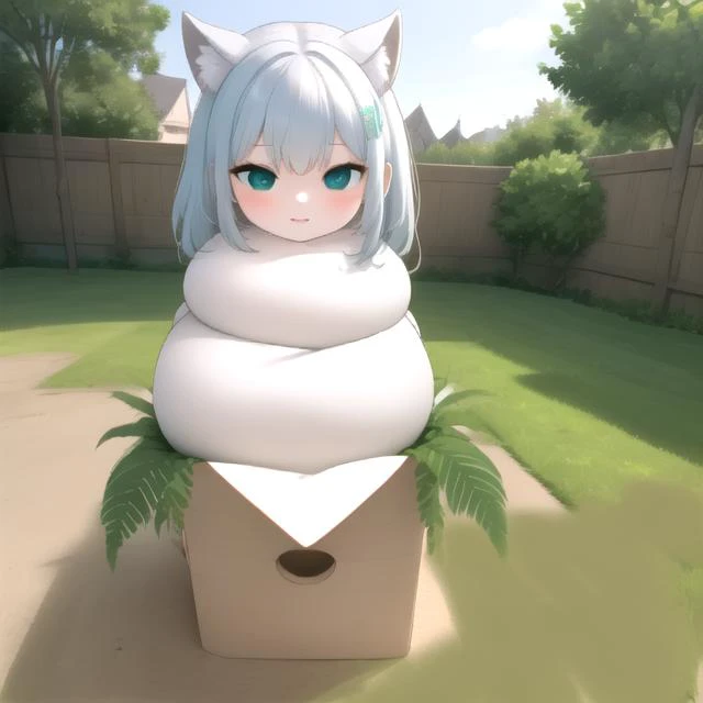 (shiroko:1.2),halo, animal ears, animal ear fluff, grey hair, hair ornament, blue eyes, mismatched pupils, cyan scarf,
((girl made of sticky rice cake:1.2),(sticky white skin:1.2)), (masterpiece:1.2), ultra detail, best quality, smile,
(kagamimochi:1.2), head on rice cake, open mouth, (((rice cakes stacked layer by layer:1.3), (orange ball on girl's head:1.2))), ((on square wooden base:1.2), a pair fern, paper between rice cake to wooden base),(tatami,japanese livingroom kotatsu),
<lora:kagamimochi-002_0.7:1.3> <lora:ShirokoBA-v1:0.9>