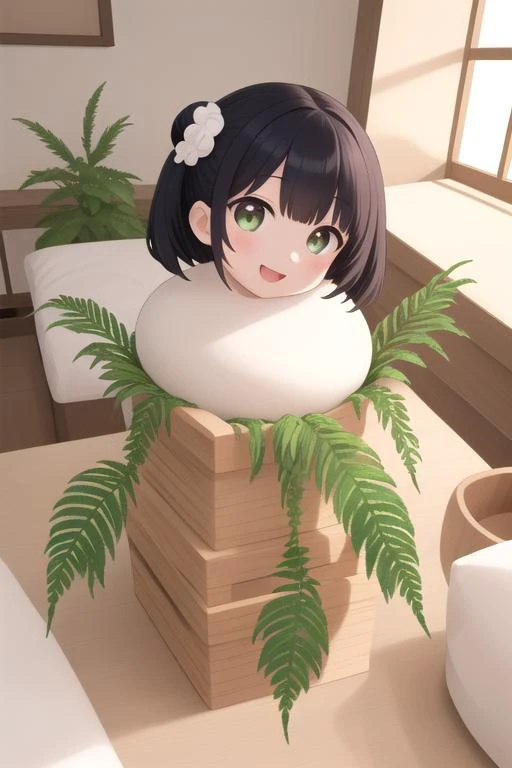 masterpiece,ultra detail,best quality,1girl,smile,open mouth,orange single hair bun,kagamimochi,<lora:kagamimochi-001_0.7:0.8> ,head on rice cake, on square wooden base, a pair fern, paper between rice cake to wooden base,citrus hair ornaments ,japanese livingroom kotatsu,window,snow