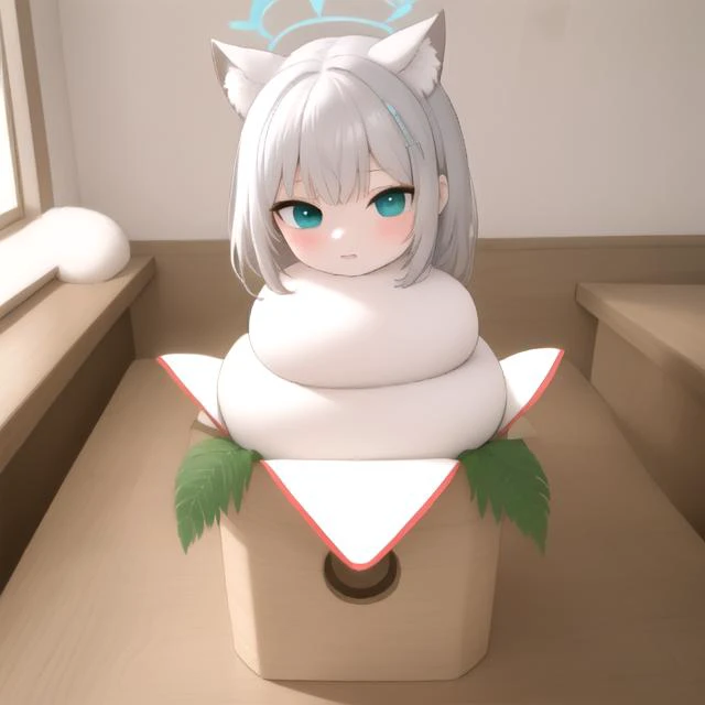 shirokodef, halo, animal ears, animal ear fluff, grey hair, hair ornament, blue eyes, mismatched pupils, cyan scarf,
((girl made of sticky rice cake:1.2),(sticky white skin:1.2)), (masterpiece:1.2), ultra detail, best quality, smile,
(kagamimochi:1.2), head on rice cake, open mouth, (((rice cakes stacked layer by layer:1.3), (orange ball on girl's head:1.2))), ((on square wooden base:1.2), a pair fern, paper between rice cake to wooden base),(tatami,japanese livingroom kotatsu),
<lora:kagamimochi-002_0.7:1.3> <lyco:shiroko1-000006:1.0>