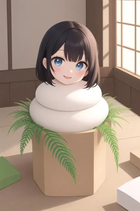 masterpiece,ultra detail,best quality,1girl,smile,open mouth,kagamimochi,<lora:kagamimochi-001_0.7:0.8> ,head on rice cake, on square wooden base, a pair fern, paper between rice cake to wooden base,mikan hair ornaments ,japanese livingroom kotatsu,window,snow