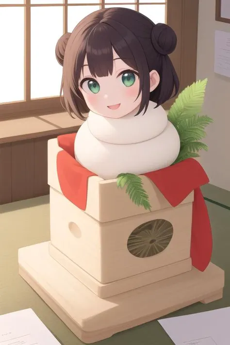 masterpiece,ultra detail,best quality,1girl,smile,open mouth,orange single hair bun,kagamimochi,<lora:kagamimochi-001_0.7:0.8> ,head on rice cake, on square wooden base, a pair fern, paper between rice cake to wooden base,citrus hair ornaments ,japanese livingroom kotatsu,window,snow