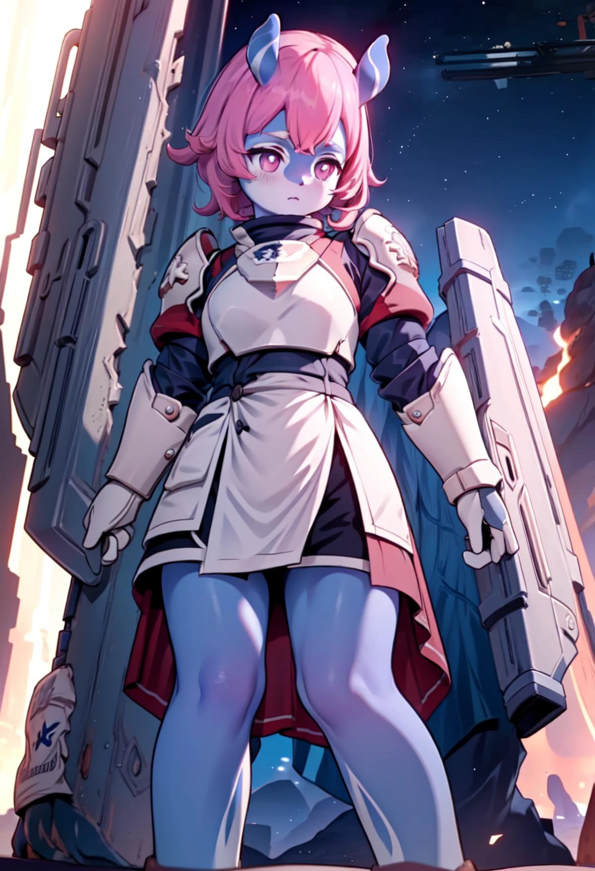 (extremely detailed CG, best quality:1.1), (masterpiece), best quality, 1girl, full body, straight ears, blue skin, pink hair, perfect lighting, spaceship, detal background, melusine, helldivers, holding, military, (rifle:1.8),rifle in hands, solo, (armor:1.5) CS-PYS CS-MNC <lora:MelusineV3:0.9>, <lora:m4a1:1>