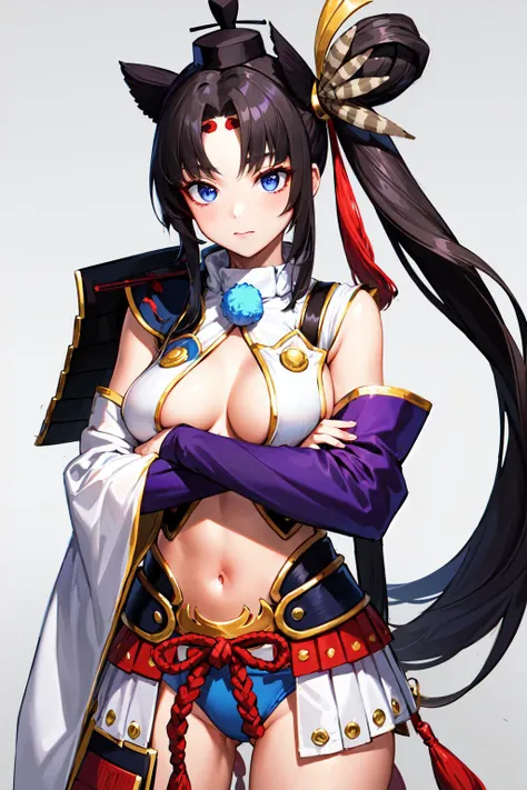 masterpiece, best quality, highres, hmushiwa, side ponytail, long hair, hat, tate eboshi, feather hair ornament, japanese armor, breast curtains, navel, detached sleeves, asymmetrical sleeves, white sleeves, purple sleeves, pom pom (clothes), tassel, blue panties, single glove, single pantsleg, <lora:ushiwakamaru_(fate)_v1:0.7>, crossed arms,