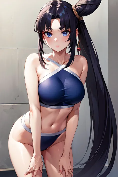 masterpiece, best quality, highres, hmushiwa, side ponytail, long hair, single hair bun, single side bun, collarbone, swimsuit, blue , <lora:ushiwakamaru_(fate)_v1:0.8>, standing, cowboy shot