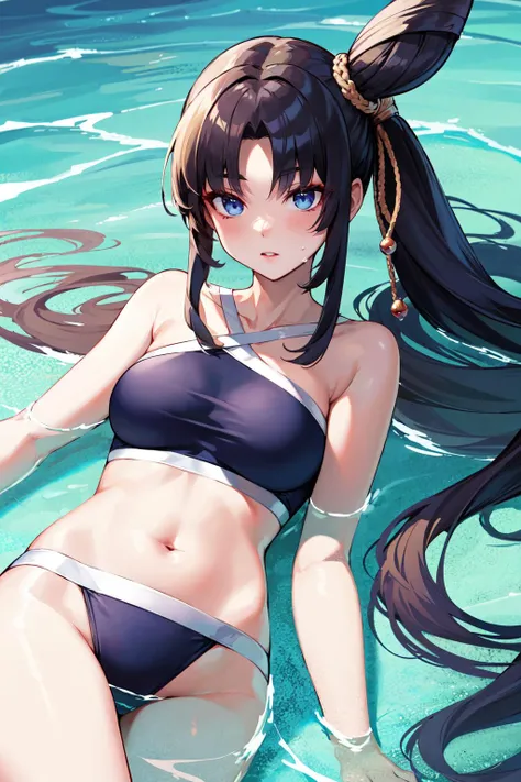 masterpiece, best quality, highres, hmushiwa, side ponytail, long hair, single hair bun, single side bun, collarbone, swimsuit, blue , <lora:ushiwakamaru_(fate)_v1:0.8>, water, partially submerged, lying,