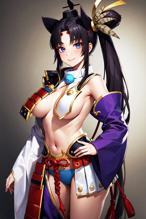 masterpiece, best quality, highres, hmushiwa, side ponytail, long hair, hat, tate eboshi, feather hair ornament, japanese armor, breast curtains, navel, detached sleeves, asymmetrical sleeves, white sleeves, purple sleeves, pom pom (clothes), tassel, blue panties, single glove, single pantsleg, <lora:ushiwakamaru_(fate)_v1:0.8>, standing, cowboy shot, smile,