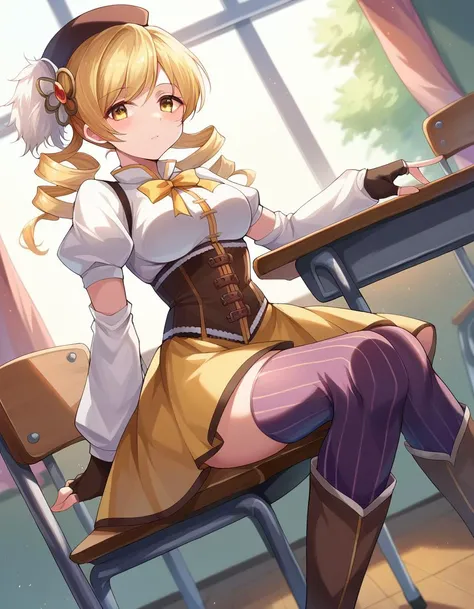 1girl,mami tomoe, blonde hair, drill hair, twin drills, yellow eyes, boots, brown footwear, brown gloves, corset, detached sleeves, fingerless gloves, gloves, hat, juliet sleeves, knee boots, long sleeves, magical girl, puffy sleeves, skirt, striped, striped thighhighs, thighhighs, thighs, vertical stripes, vertical-striped thighhighs, yellow skirt ,white underwear ,looking at viewer,(sweat:1.1),(drooling:1.5)(city:1.0)(big breasts;1.4) BDSM,(tied to chair:1.3)(tied breatests) thigh strap,(defiant look:1.3)  (restrained:1.3)(Urinating:1.2)
