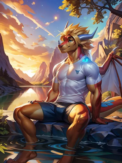 detailed art, detailed background, detailed scaled, mountains background, fir woods, sunset, penetrating rays, particle sun, particle woods, water, river, clean river, reflection river, 
soft focus, male focus, (front view:0.7), closeup, 
<lora:drumbunkerdragon-000012:0.8>, and, anthro dragon, male, scaled, muscular, orange yellow body, blue horns, tail, big wings, membranous wings, body, yellow furr, long furr, blue comb, blue eyes, 
T-shirt, ((white t-shirt)), shorts, 
sitting on the woods board, feet in the river, 
digital art, by kyander, by wildering, by null-ghost, by multyashka-sweet,