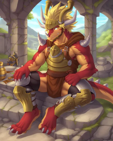 drum bunker dragon, helmet, anthro, dragon, male, armor, solo, horn, claws, scalie, blonde hair,
sitting, pawpads,
kemono, detailed background
