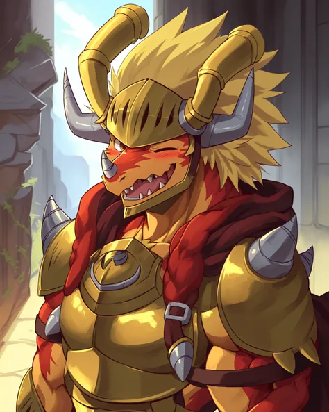 drum bunker dragon, helmet, anthro, dragon, male, armor, solo, horn, claws, scalie, blonde hair, muscular,
bust portrait, one eye closed, laugh, blush,
kemono, detailed background