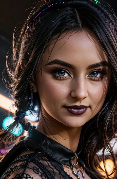 ((sfw)), a cinematic film still of elizaibarra as a beautiful ((goth rave)) queen, (cowboy shot), ((best quality)), ((masterpiece)), ((realistic)), (detailed), dance floor, (intricate skirt), cleavage, detailed tight shirt, (at a rave, neon lights:1.3), detailed seductive smirk, (realistic skin texture, intense eye contact), by artgerm, (by arny freytag), (Fujifilm XT3), , (dimly lit), high quality, 4k, 8k, uhd, bokeh, <lora:elizaibarra:1>