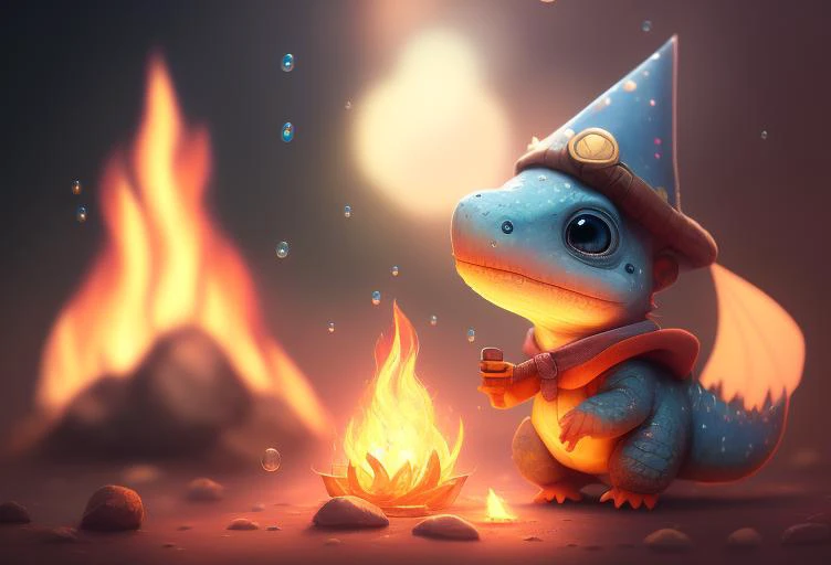 cute art of cute dicuki as a wizard, surrounded by fire bubbles , digital art, intricate details, trending artstation, cinematic