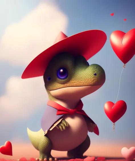 super cute dicuki with a big hat, in valentine's day, heart, clouds beautiful, cute , 4k, detailed , digital art, trending arstation
