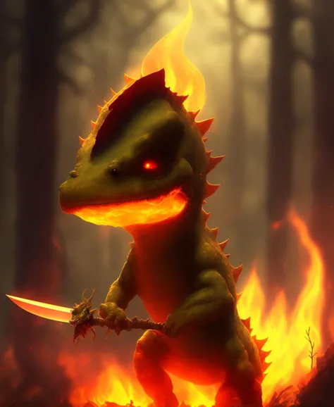 scary dicuki with a sword in a forest in flames, fire, , beautiful, cute , 4k, detailed , digital art, trending arstation