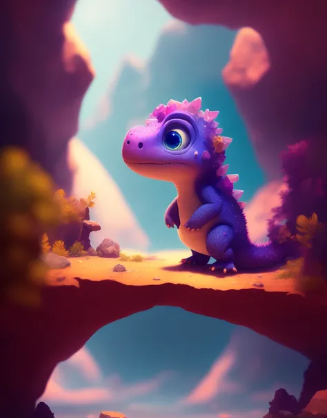cinematic portrait of a cute dicuki exploring a dark and mysterious cave filled with colorful crystal beautiful, cute , 4k, detailed , digital art, trending arstation, disney , pixar