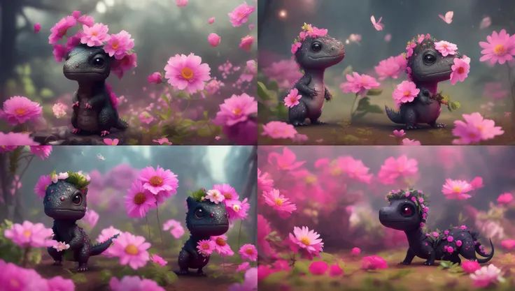 cute art of cute black and pink dicuki , surrounded by flowers, digital art, intricate details, trending artstation