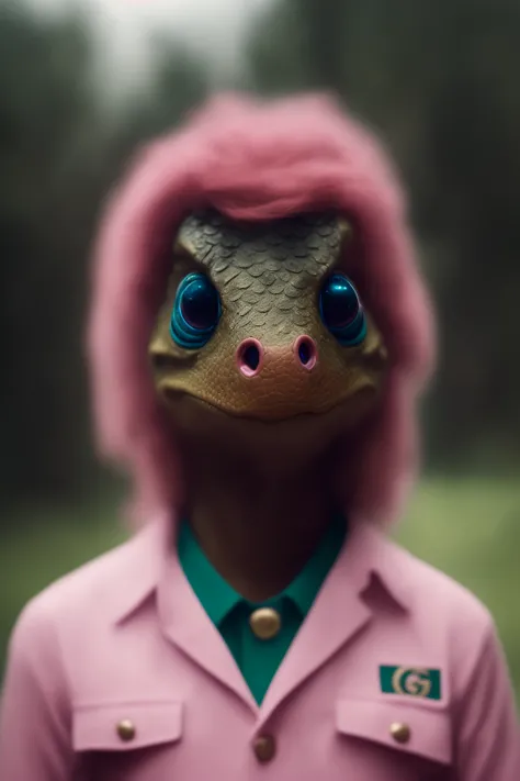 close face cinematic portrait of a cute dicuki wearing gucci shirt , beautiful pink long hair , dark sky, dark clouds, ligthings, storm, thunderstorm, dark night , beautiful, cute , 4k, detailed , digital art, trending arstation