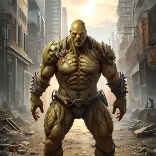 proportional eyes, detailed face, detailed eyes, (realistic:1.5),photorealistic, hyper realistic, extremely detailed, hyper detailed, soft lighting, detailed background, extreme detail background, sharp details, ((full body)), supermutant, <lora:supermutant-000004:1>