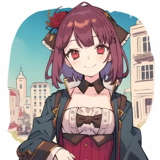 1girl, (high quality), (master piece), (ultra-detailed:1.4), hair ornament, short coat, flower, hair flower, frills, detached collar, red flower, open clothes, bow, smile, self-satisfied look, townscape<lora:atelierSophieSophieNeuenmuller_v1a:0.8>