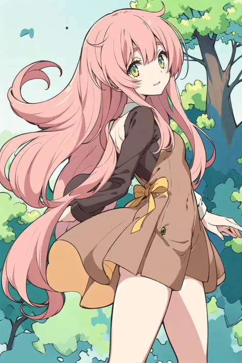 (masterpiece), (best quality), perfect proportion, perfect anatomy, novel illustration, (anime:1.2),
1girl, (((towards back left))), (((solo))), full body, (((brown dress))), white jacket, long hair, pink hair, green eyes,
beautiful face, happy face,
(((skinny))), watashi,
(((small breasts))), (((large eyes))),
slim thighs, slim hips, thin legs,
in the woods, <lora:WatashiHumanityHas_v10:0.6>