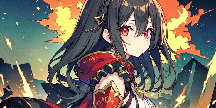 ((masterpiece)), (illustration), (highres), (((best quality))), ((ultra-detailed)), depth of field, profile, ((bust shot)), looking at the viewer, (1girl), (solo), expressionless, ((bishoujo)), (beautiful detailed red eyes), (disheveled hair), black hair, ((medium breasts)), hair between eyes, long hair, (complex pattern), ((sharp black armour)), ((sharp black shoulder armor)), (gorgeous shoulder armor), (red shining rune details on armor), (red torn cape), (ruins), cloud, (sunset), lighting particle, (breeze), ((embers)), detailed background, (surrounded by many beautiful detailed red crystal), mountain,
