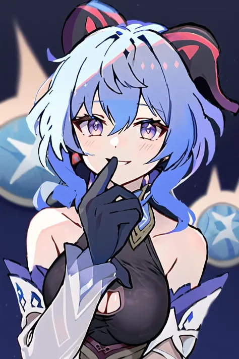 1girl, ganyu (genshin impact), solo, horns, gloves, blue hair, bell, breasts, detached sleeves, long hair, looking at viewer, bare shoulders, black gloves, neck bell, orb, medium breasts, smile, bangs, upper body, purple eyes, sidelocks, white sleeves, multicolored eyes, cowbell, bow, <lora:ganyu2:0.7> ,ganyu \(genshin impact\), <lora:cat_lingerie:0.6> ,cat lingerie,( cat cutout:1.4),