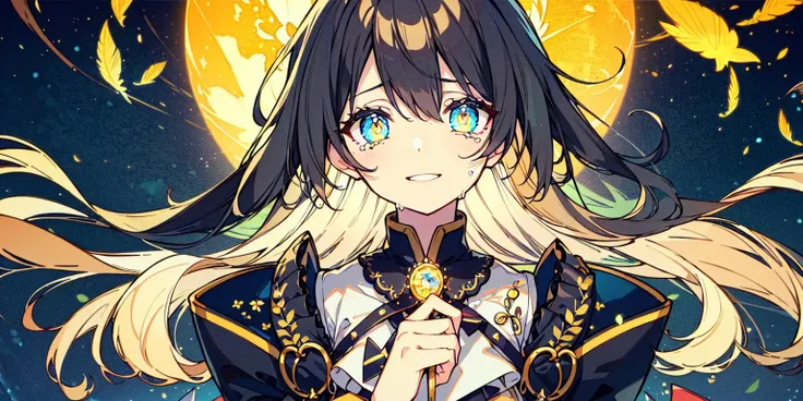 masterpiece, best quality, ((masterpiece)),(best quality),1girl,solo,highres,Amazing,beautiful detailed eyes,finely detail,Depth of field,extremely detailed CG,original, extremely detailed wallpaper,detailed face,black hair and golden pupil ,(many) glowing black (feathers),night with bright colorful lights whith richly layered clouds and clouded moon in the detailed sky,(a lot of glowing particles),Lots of meteors,(crying) and smile,(black wing),floating hair,torii,very_long_hair,colored tips,full body,With a luminous flower in his hand,